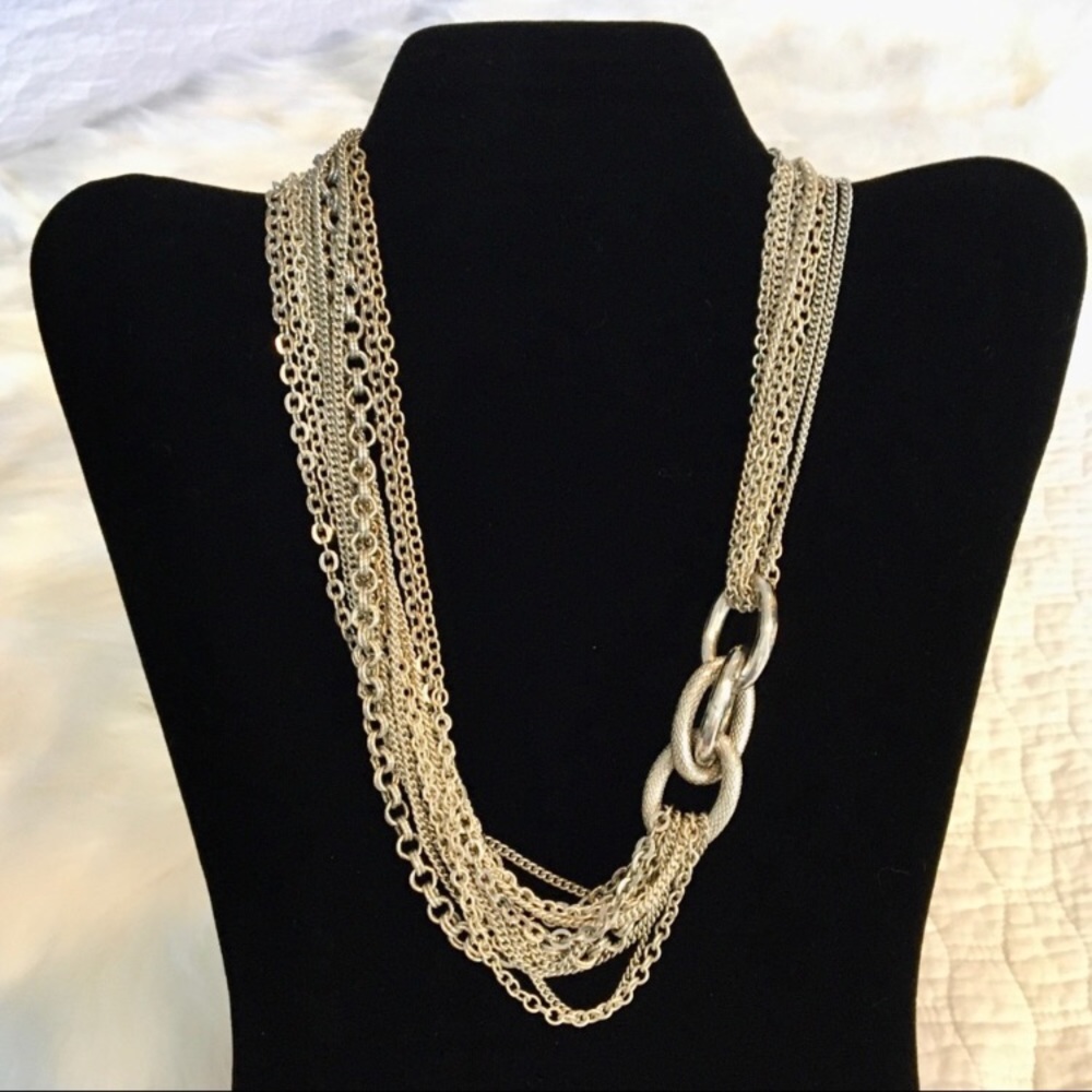 Chunky Chain Link Multi Strand Silver Tone Statement Necklace